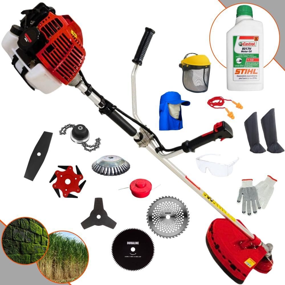 Roçadeira Kawashima KW52L 52cc Com Carretel + Facas 2 Pontas, 3 Pontas, 6 Pontas, 40 Dentes, 80 Dentes, Trimmer e Escova de Aço + EPI + ÓLEO STIHL