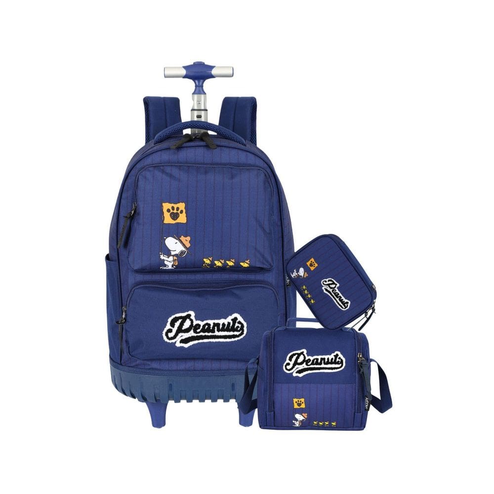 Kit Escolar Snoopy Mochila Roda + Lancheira + Estojo - Azul