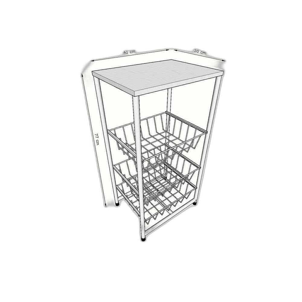 Fruteira De Chão Cozinha Aço Mdf 3 Cestos Multiuso