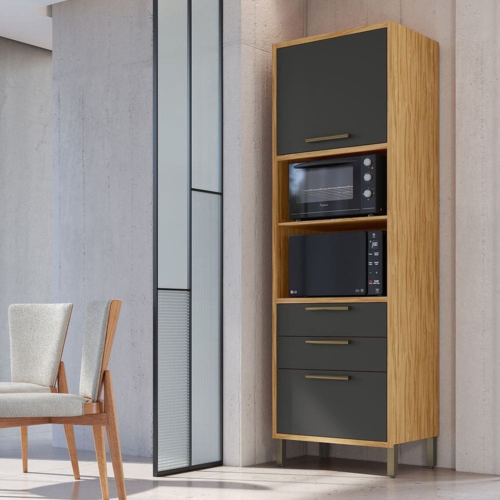 Paneleiro Torre Quente com 2 Portas 2 Gavetas e Espaço Micro-ondas 100% MDF Vicenza Espresso Móveis Amêndoa/Cinza