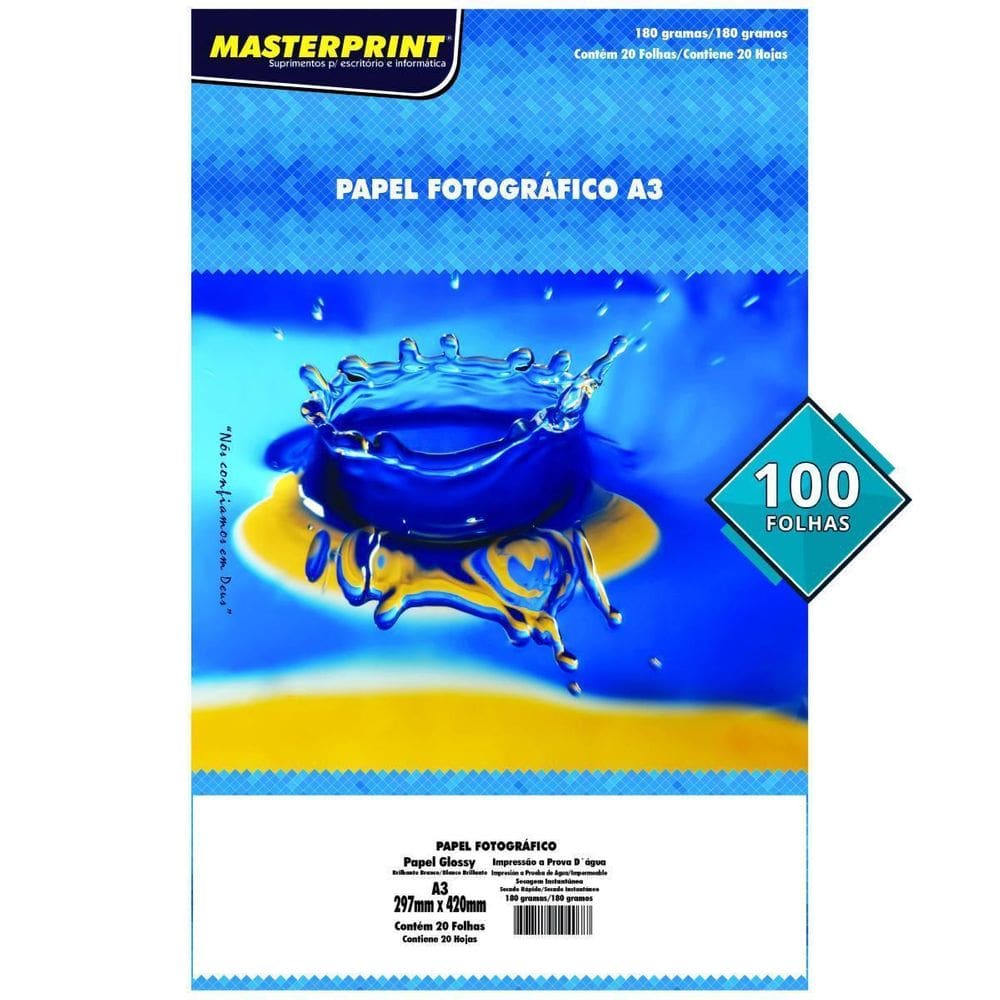 Papel Fotográfico A3 180G Glossy Branco Brilhante 100 Folhas
