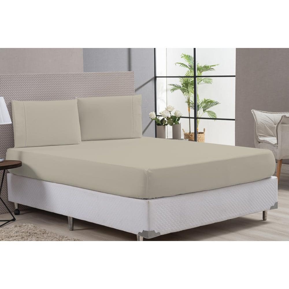 Jogo Lençol Cama Casal King 80% Algodão Bege Elástico