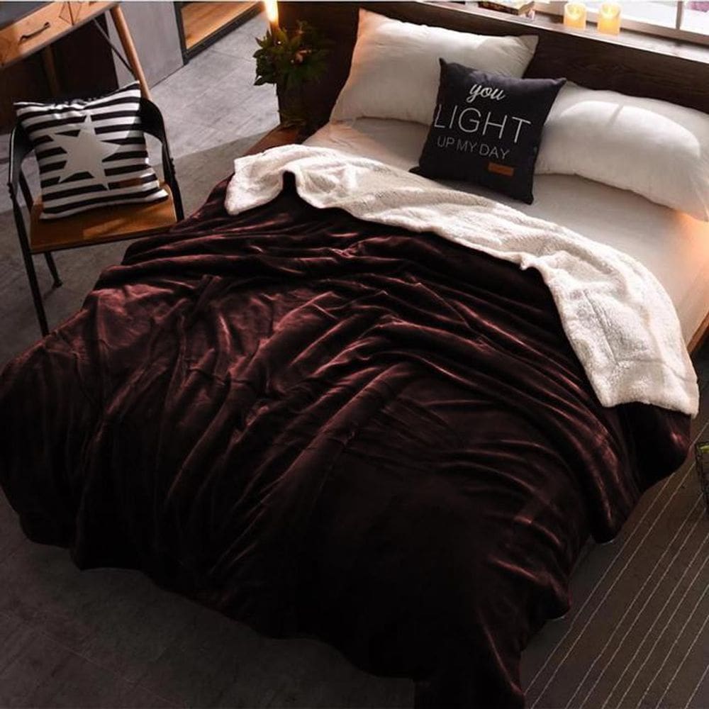 Cobertor Casal King Veludo Café E Pele De Carneiro 280X280