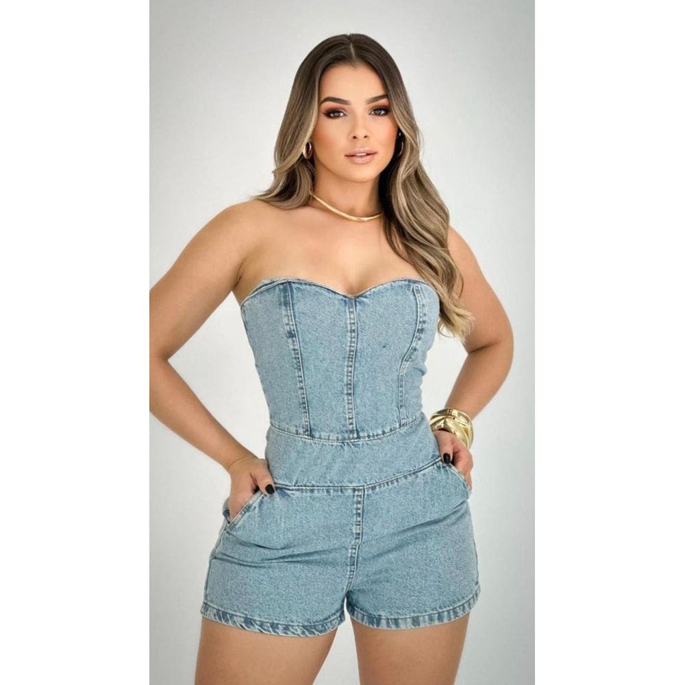 Macaquinho Jeans Claro Tomara Que Caia Fecho Ziper Costa