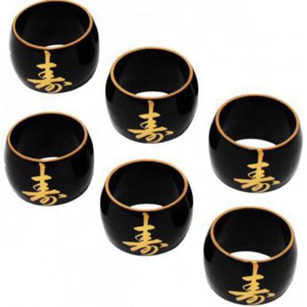 Kit 6 Porta Guardanapo Preto Com Ideograma Japonês Dourado