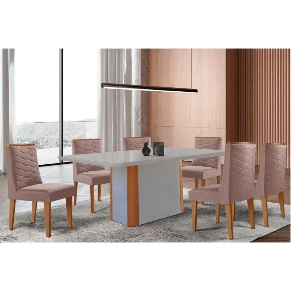 Conjunto Sala de Jantar Pietá c/ Tampo Madeirado c/ Vidro Canto Curvo 180x90cm e 6 Cadeiras Dafne Madeira Maciça Naturale/Off White - Capuccino/Linho