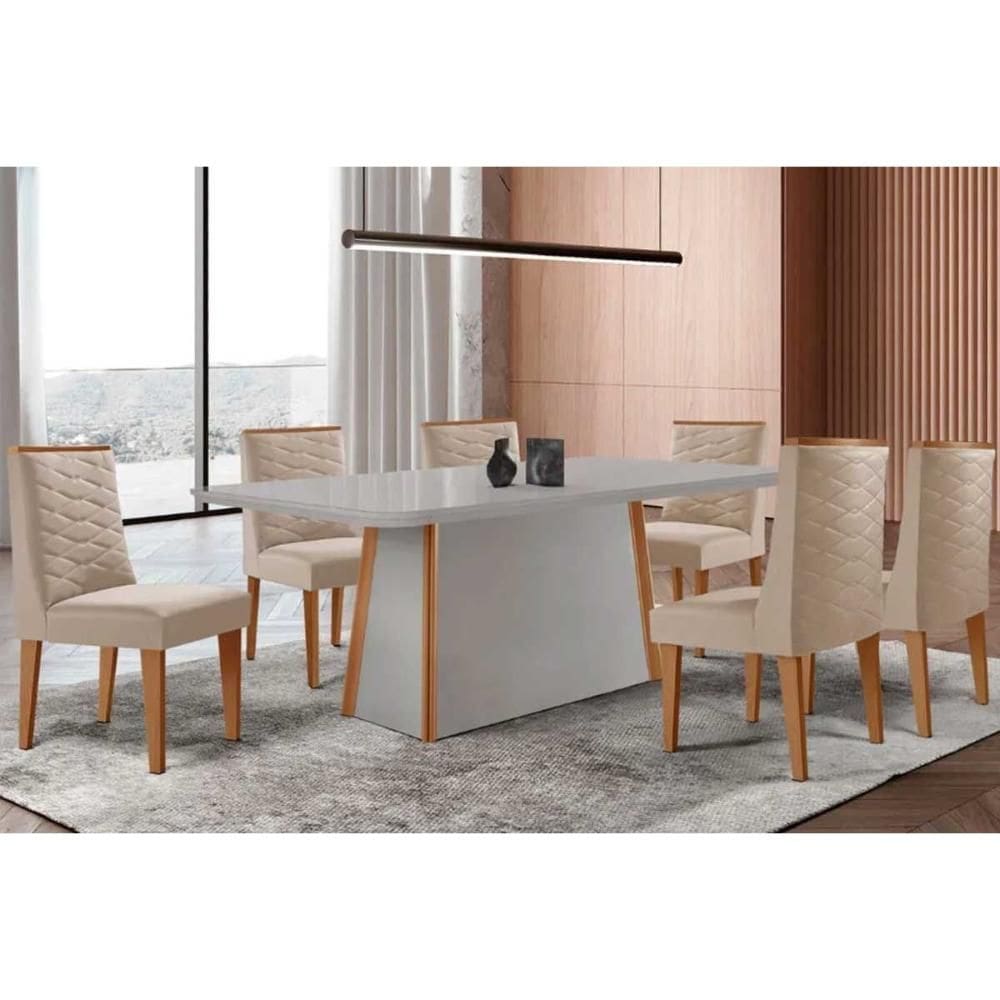 Conjunto Sala de Jantar Tilia c/ Tampo Madeirado c/ Vidro Canto Curvo 180x90cm e 6 Cadeiras Dafne Madeira Maciça Naturale/Off White - Capuccino/Suede
