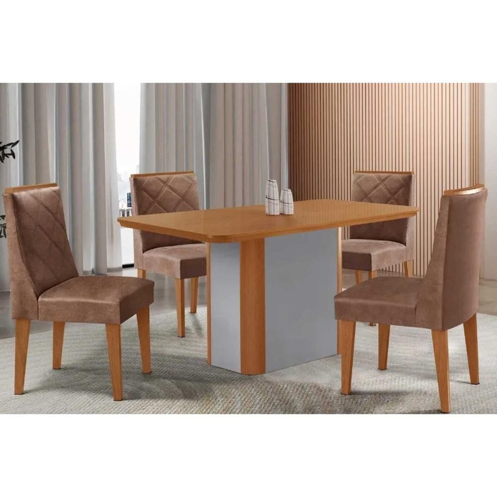 Sala de Jantar Completa Pietá c/ Tampo Madeirado Canto Curvo 120x80cm e 4 Cadeiras Pietá Naturale/Off White - Corano Capuccino - Rufato