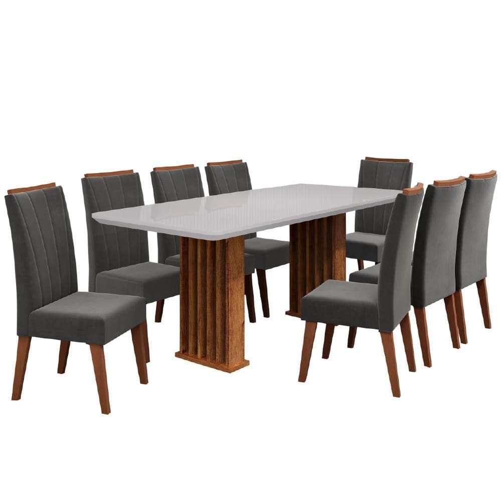 Conjunto De Mesa Sala De Jantar Ripada Tampo Com Vidro Mond 2m 8 Cadeiras Sofia Veludo Viero Cinza