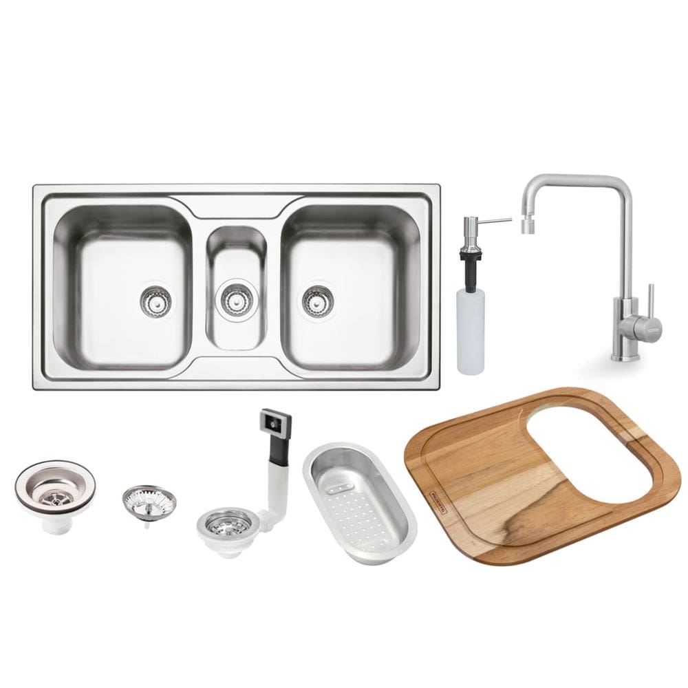 Cuba de Sobrepor Inox Acetinado 100x50cm Marea 2.5C 34 com Acessórios e Misturador Tramontina 93831133