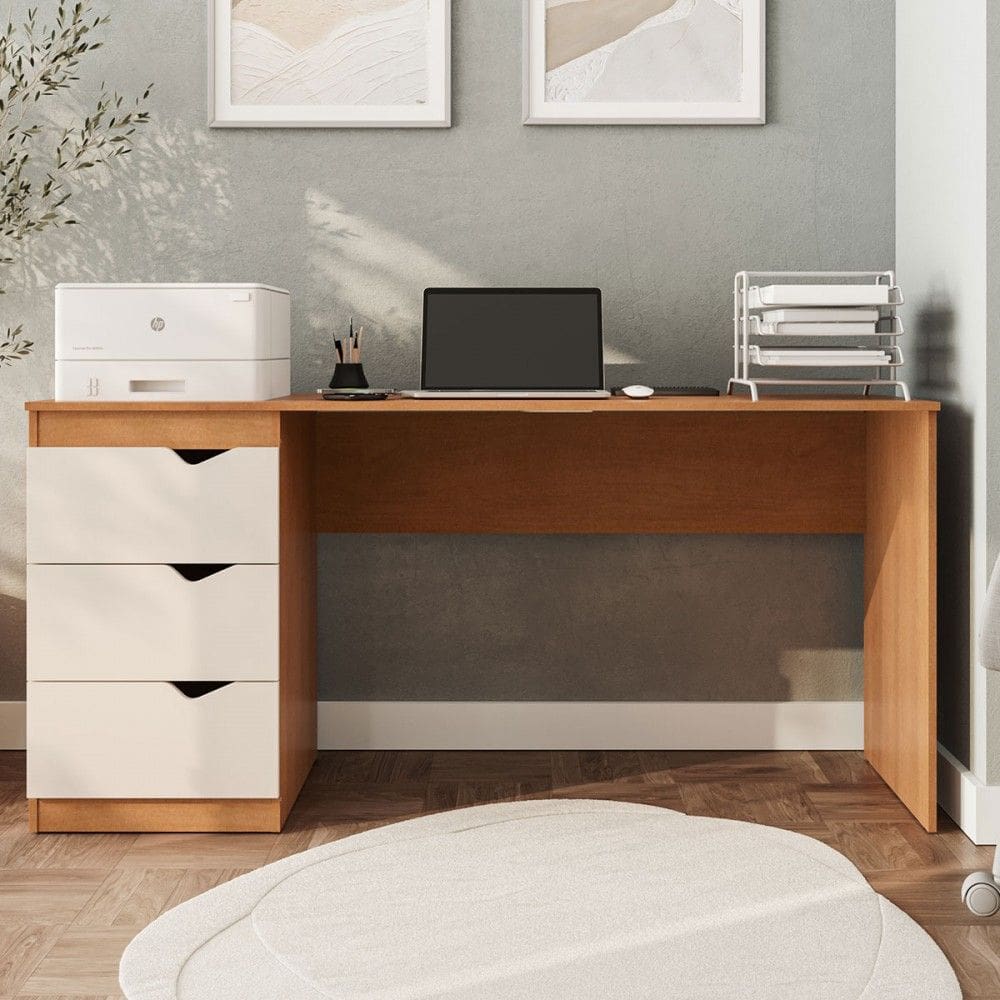 Mesa Escrivaninha Porto 3 Gavetas Freijó/Creme - Politorno