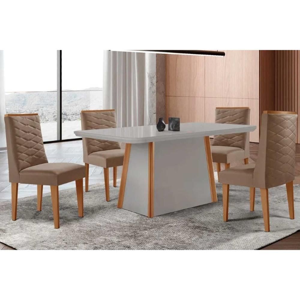 Conjunto Sala de Jantar Tilia c/ Tampo Madeirado c/ Vidro Canto Curvo 120x80cm e 4 Cadeiras Dafne Madeira Maciça Naturale/Off White - Capuccino/Suede