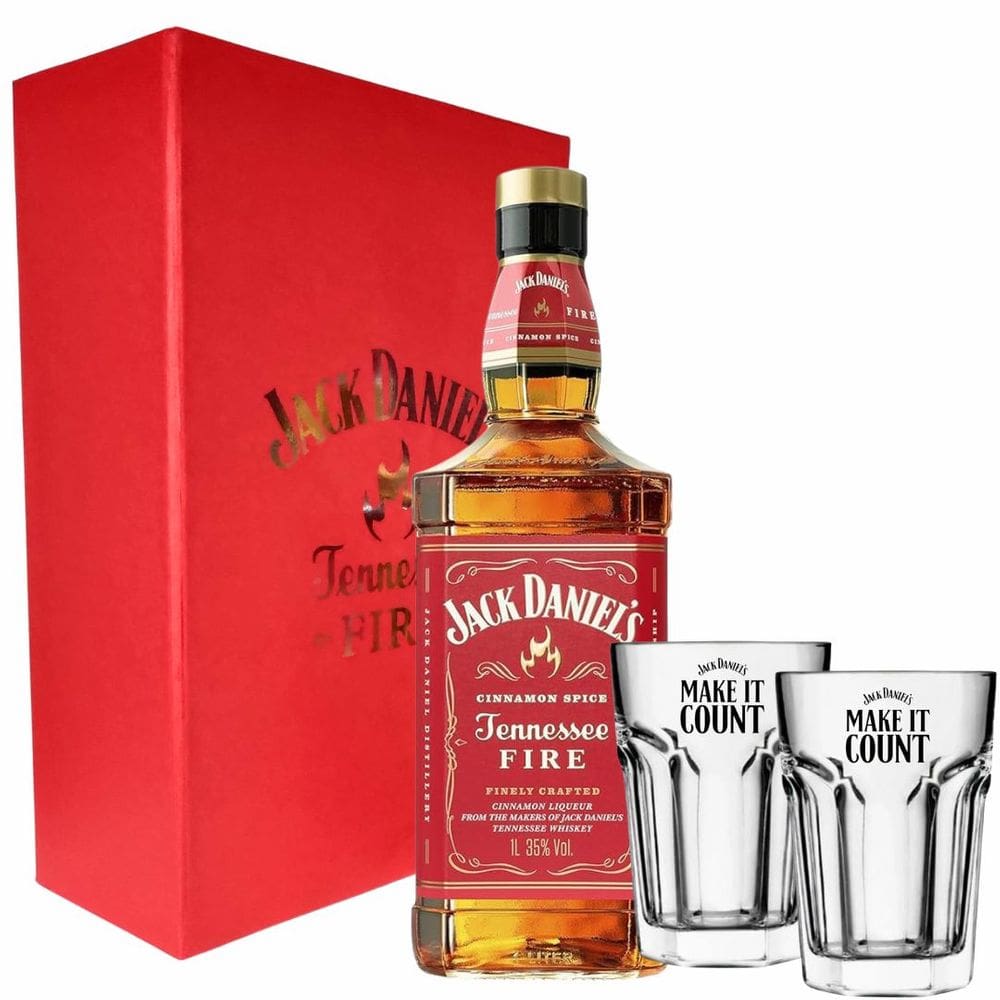 Kit Jack Daniels Fire 1L Edição Limitada + 2 Copos de Vidro