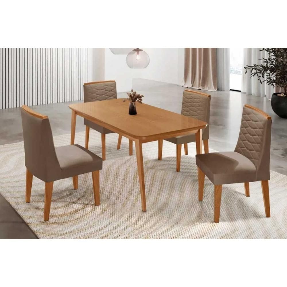 Sala de Jantar Completa Havana c/ Tampo Madeirado Canto Curvo 120x80cm e 4 Cadeiras Maldivas Naturale - Suede Capuccino - Rufato