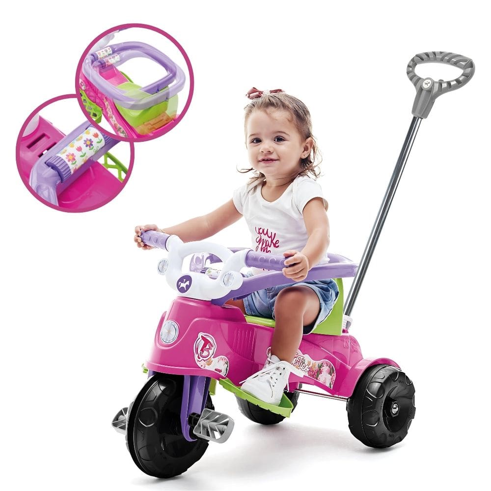 Triciclo Infantil de menina Rosa Tatetico com pedal e empurrador