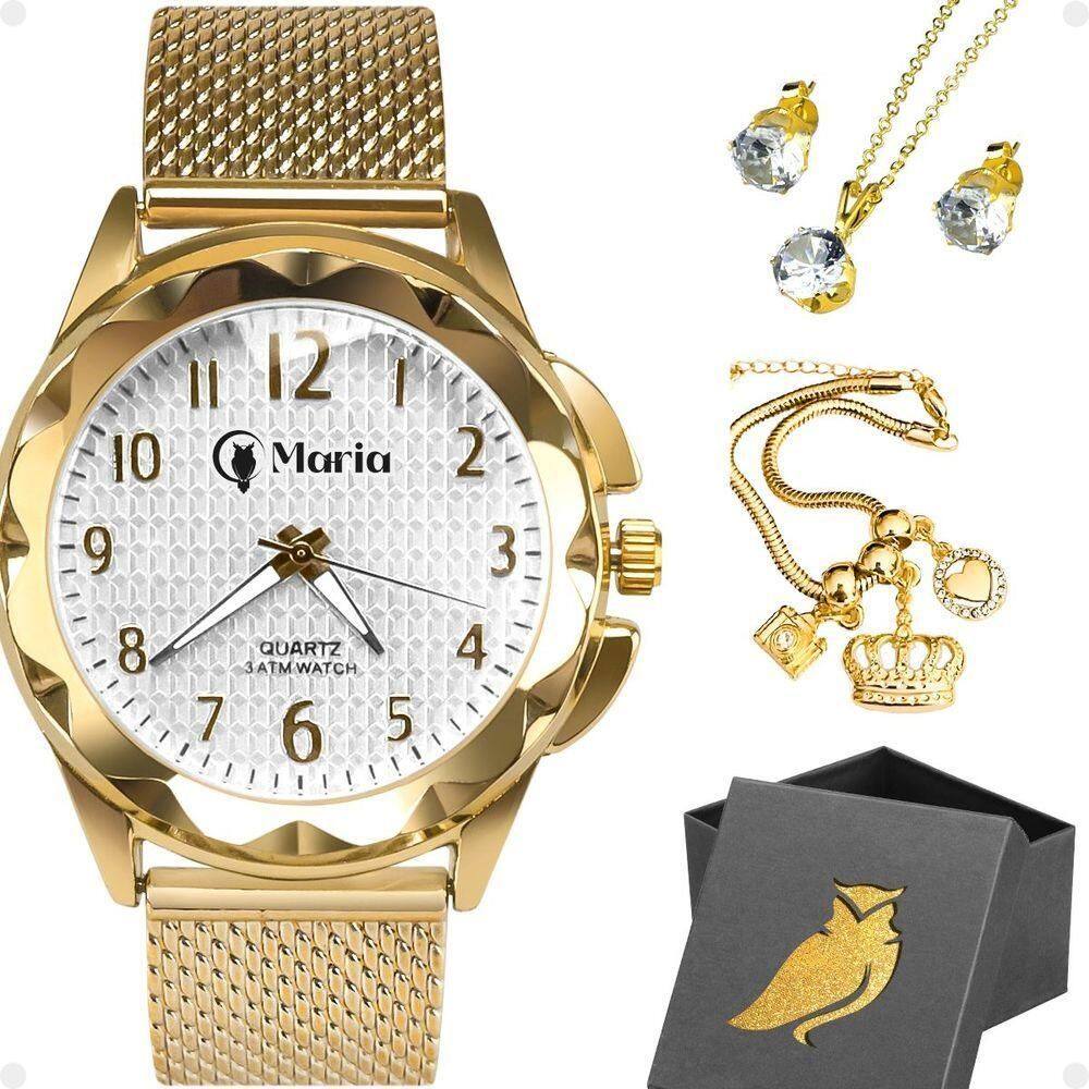 Relogio Aço Inox Banhado Feminino + Caixa + Colar Pulseira autêntico Presente Silicone Social Coruja