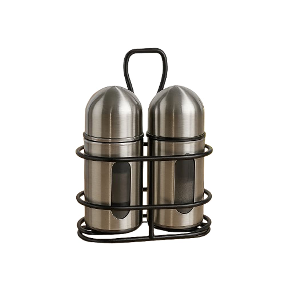Saleiro e Pimenteiro de Vidro e Aço Escovado com Suporte de Metal 80ml - Jolitex MEK - Preto