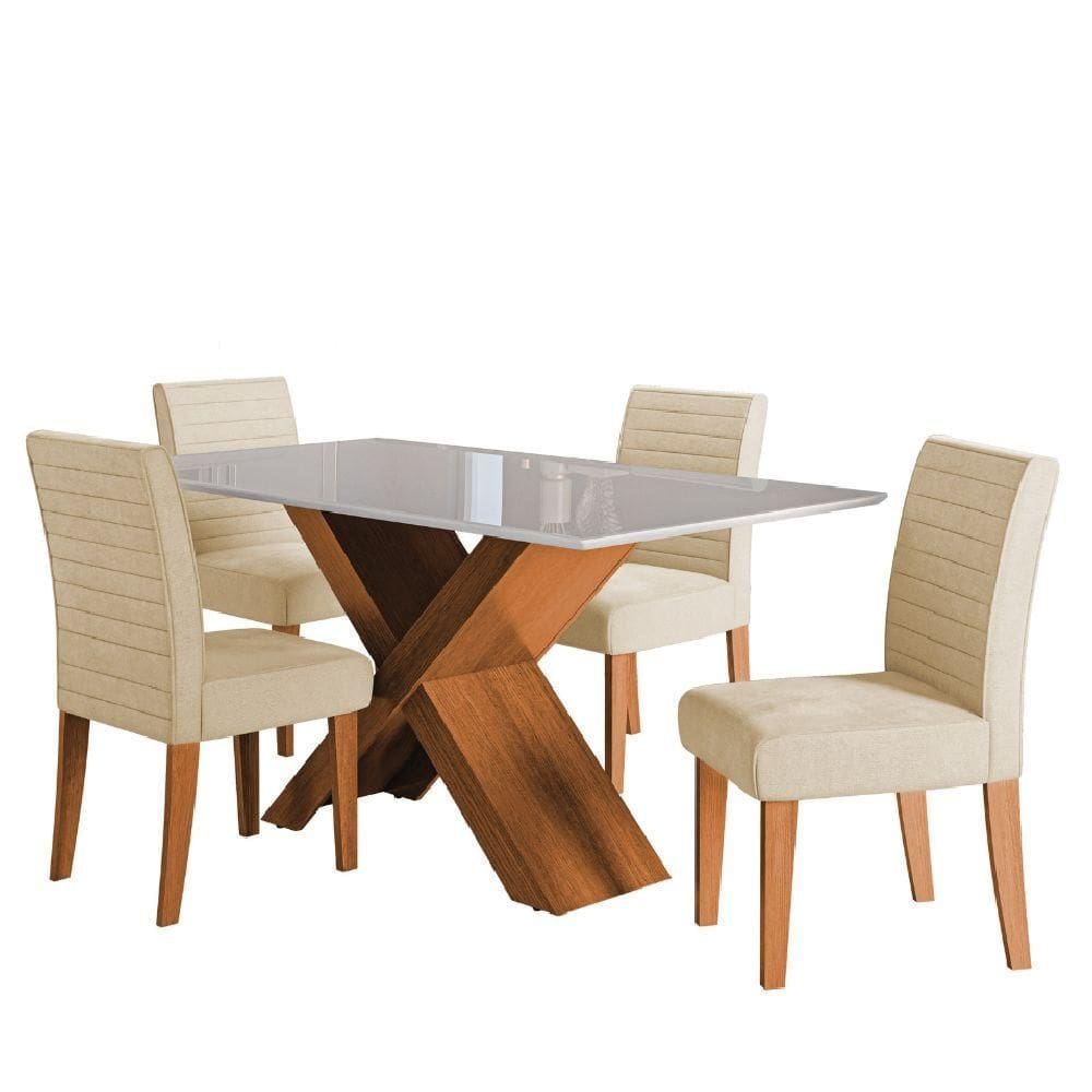 Conjunto de Mesa Sala de Jantar Grécia com Tampo de Vidro 1,36 m e 4 Cadeiras Creta Dobuê – Bege
