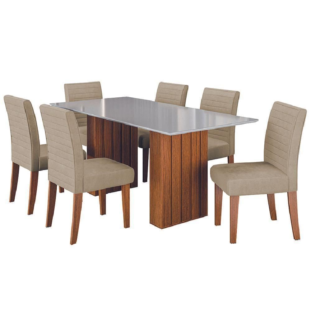 Conjunto De Mesa Sala De Jantar Ripada Tampo Com Vidro Santiago 1,80m 6 Cadeiras Creta Dobuê Bege