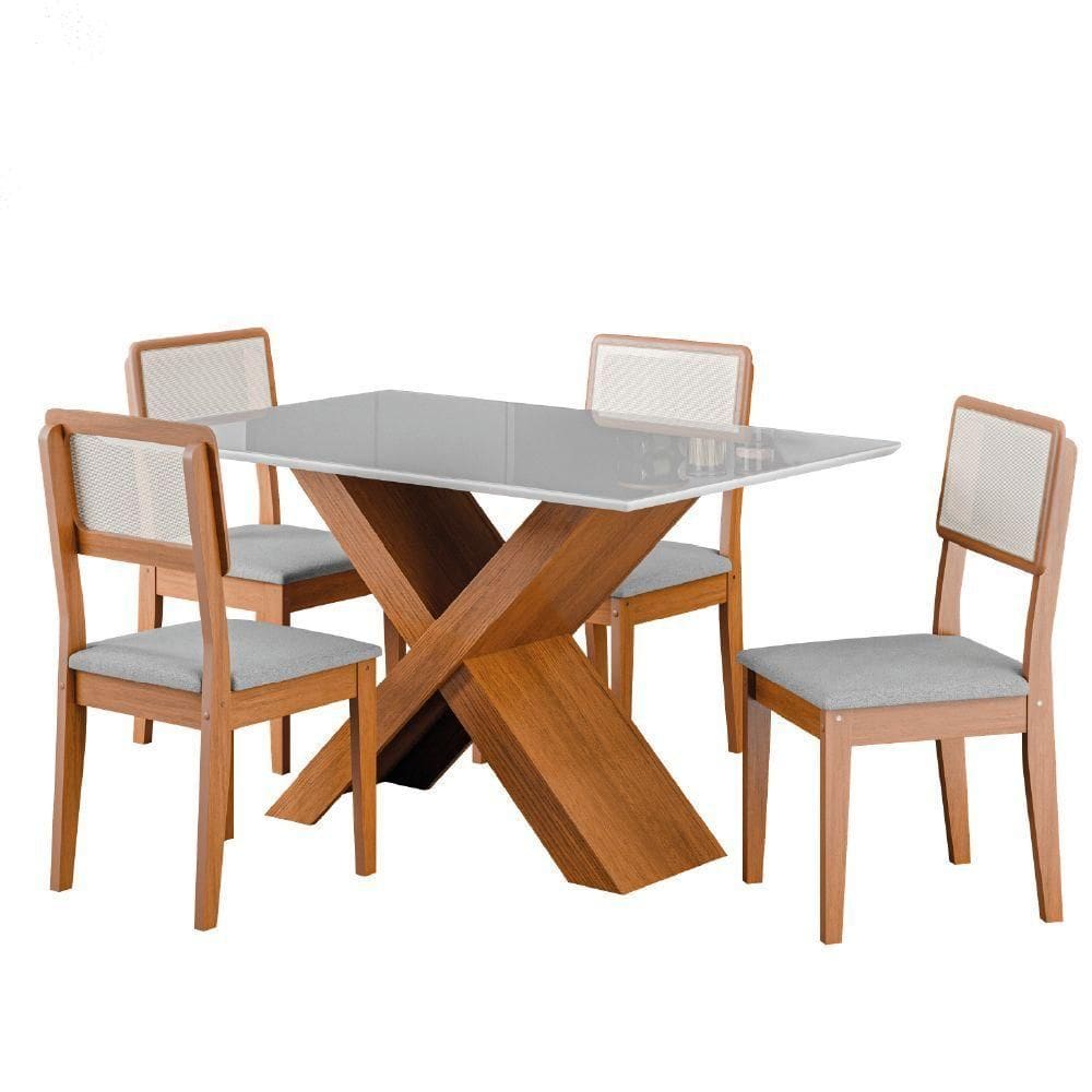 Conjunto de Mesa para Sala de Jantar Grécia 1,36m com Tampo de Vidro e 4 Cadeiras Dobuê Cinza