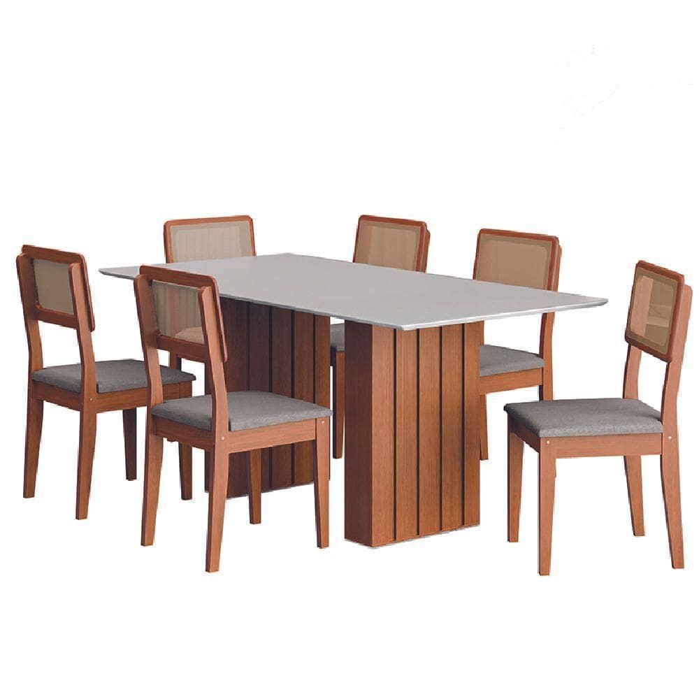 Conjunto De Mesa Sala De Jantar Ripada Tampo Com Vidro 1,80m 6 Cadeiras Santiago Dobuê Off White