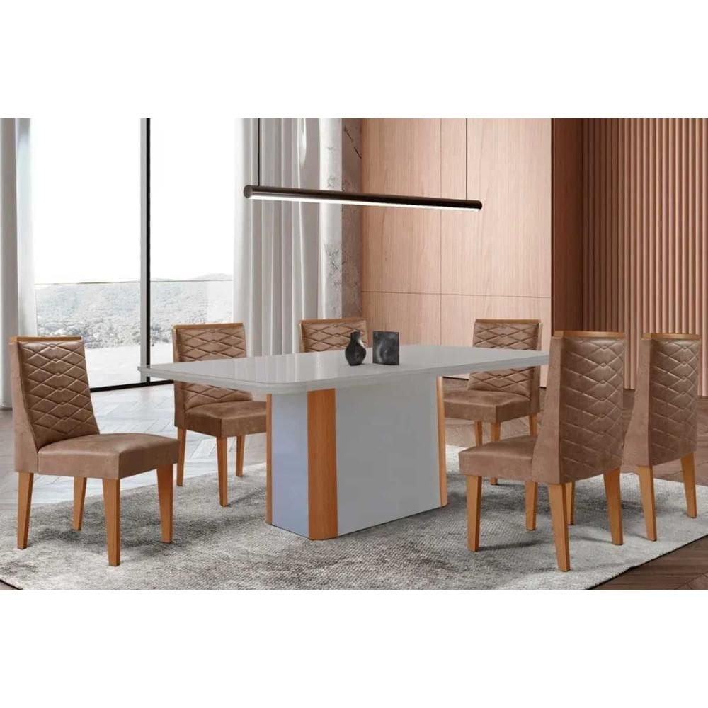 Conjunto Sala de Jantar Pietá c/ Tampo Madeirado c/ Vidro Canto Curvo 180x90cm e 6 Cadeiras Maldivas Madeira Maciça Naturale/Off White - Capuccino/Cor