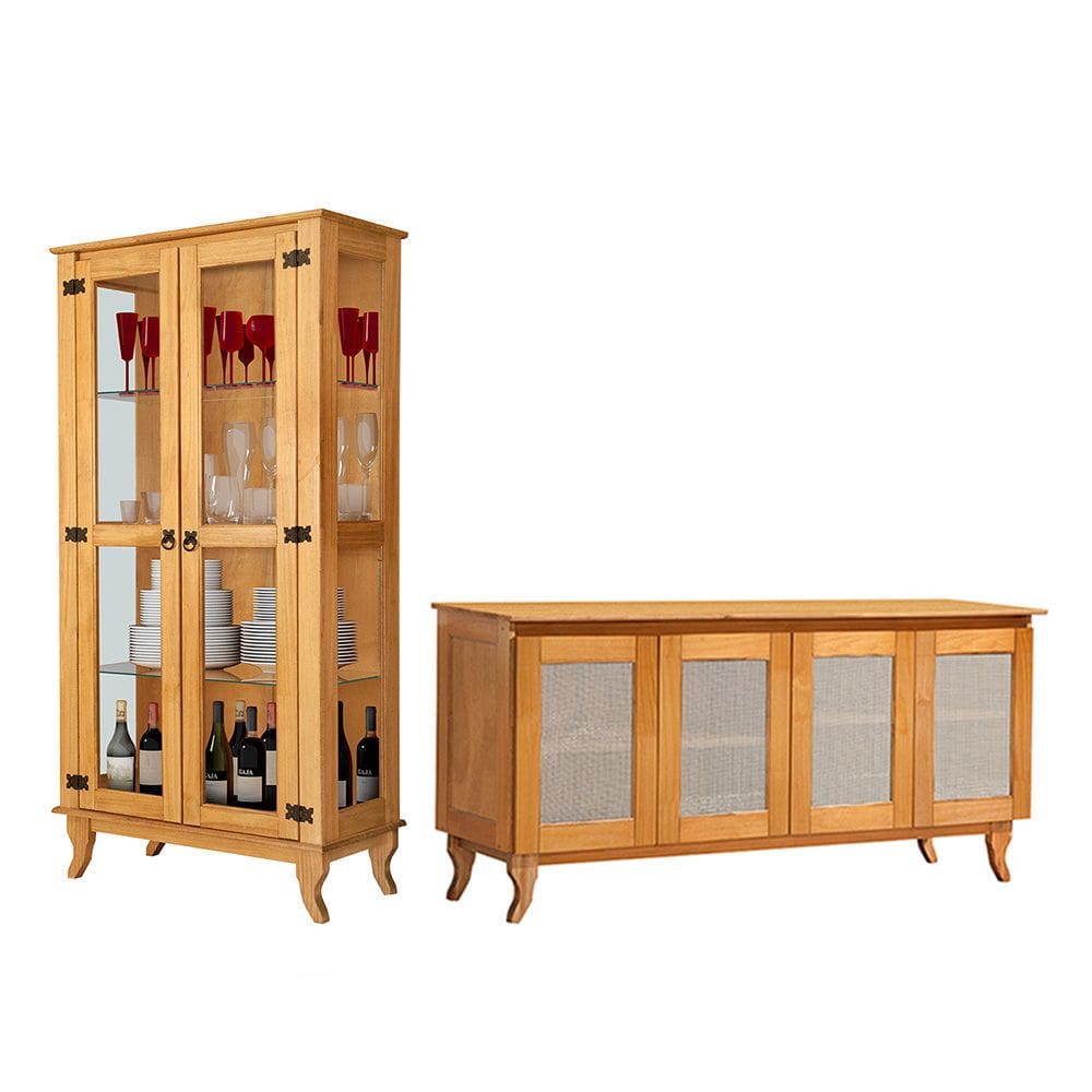 Conjunto Sala de Jantar Cristaleira de Madeira Antiga com Buffet 4 Portas Premium Imbuia