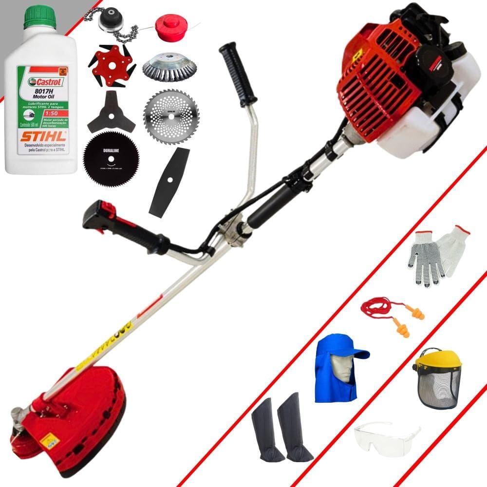 Roçadeira Kawashima KW52L À Gasolina 52cc 2,5HP Alta Rotação Com Carretel de Nylon + Kit 7 Opções de Cortes + EPI + ÓLEO STIHL 2 Tempos