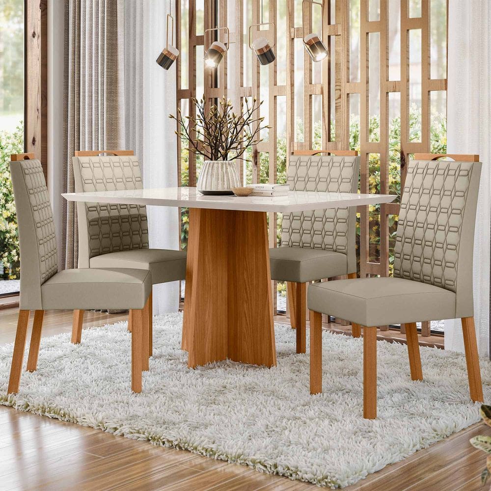 Conjunto Sala de Jantar Mesa Anitta 1,35m com 4 Cadeiras Mariah Ypê/Off White/Ja01 - New Ceval