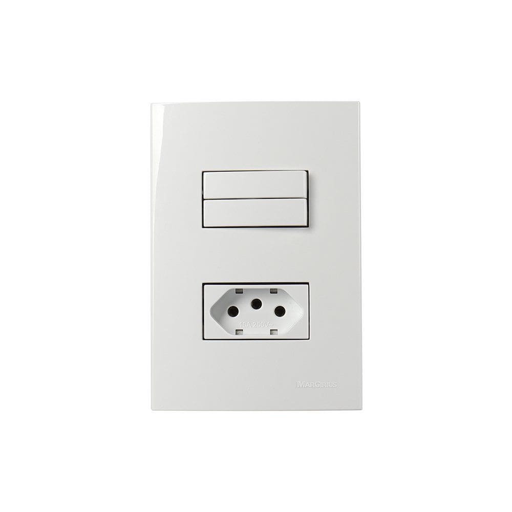 Interruptor Duplo Simples 10A e Tomada 2P+T 10A MarGirius Sleek com Placa 4x2 Branco
