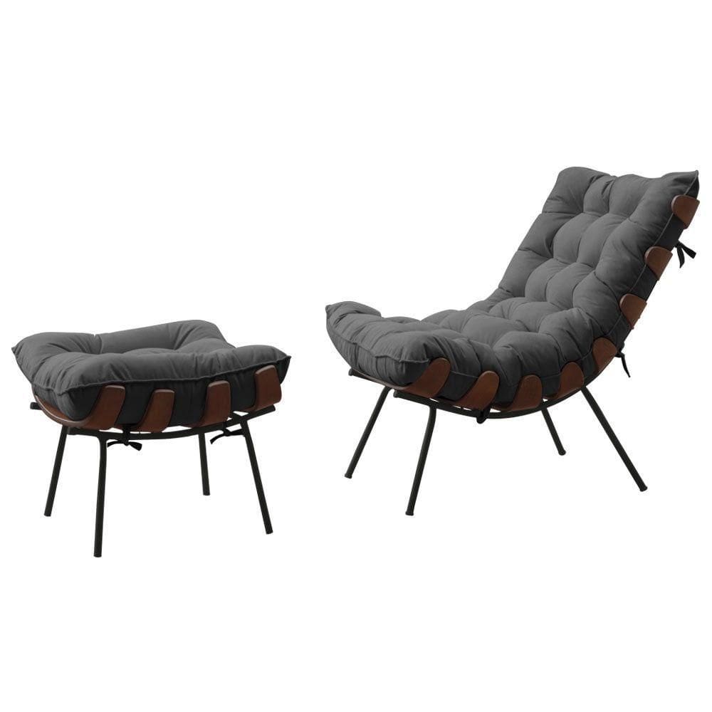 Poltrona Costela Adão Com Puff Linho Cinza