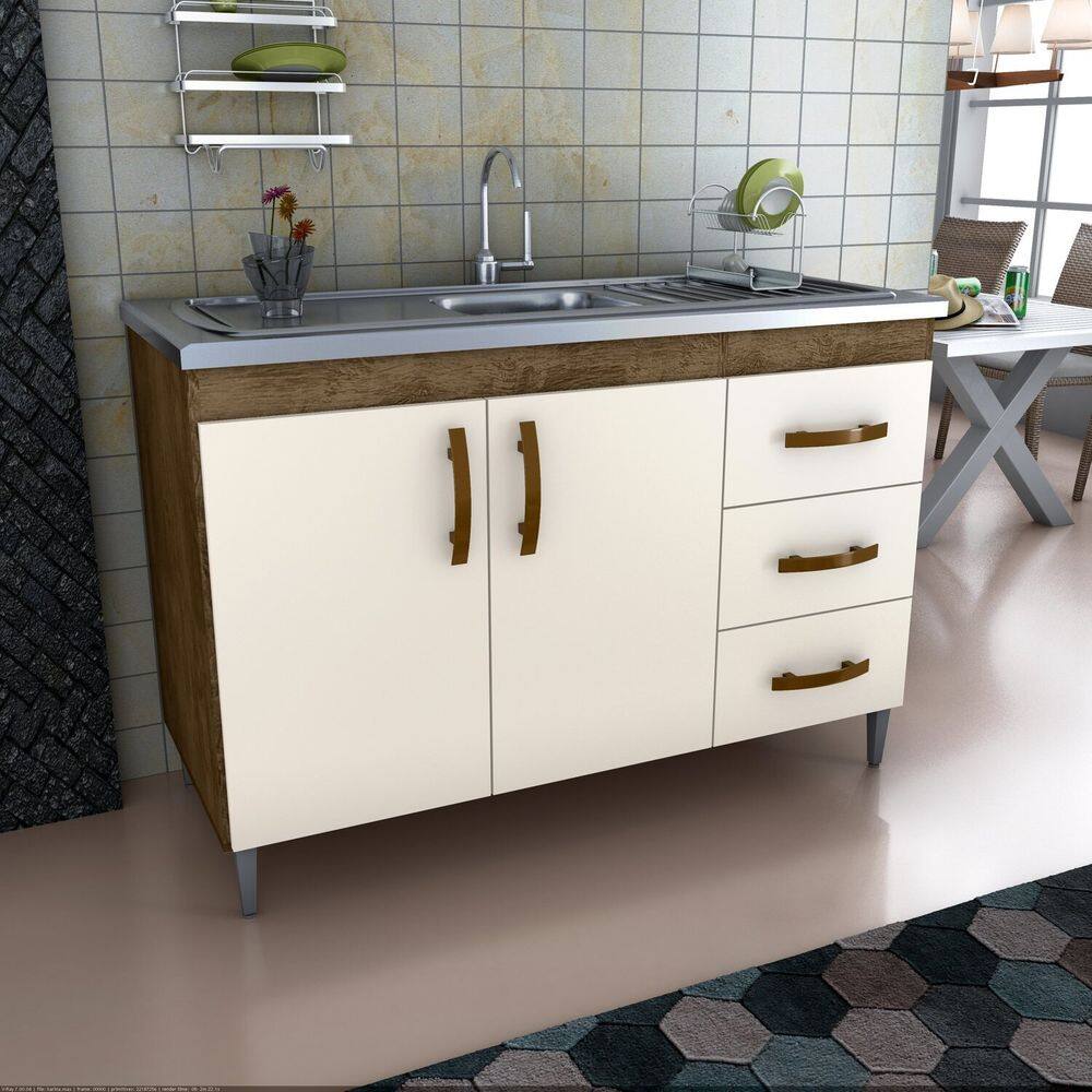 Balcão Gabinete de Pia sem Tampo 118cm X 80cm Karina Canela/ Off White