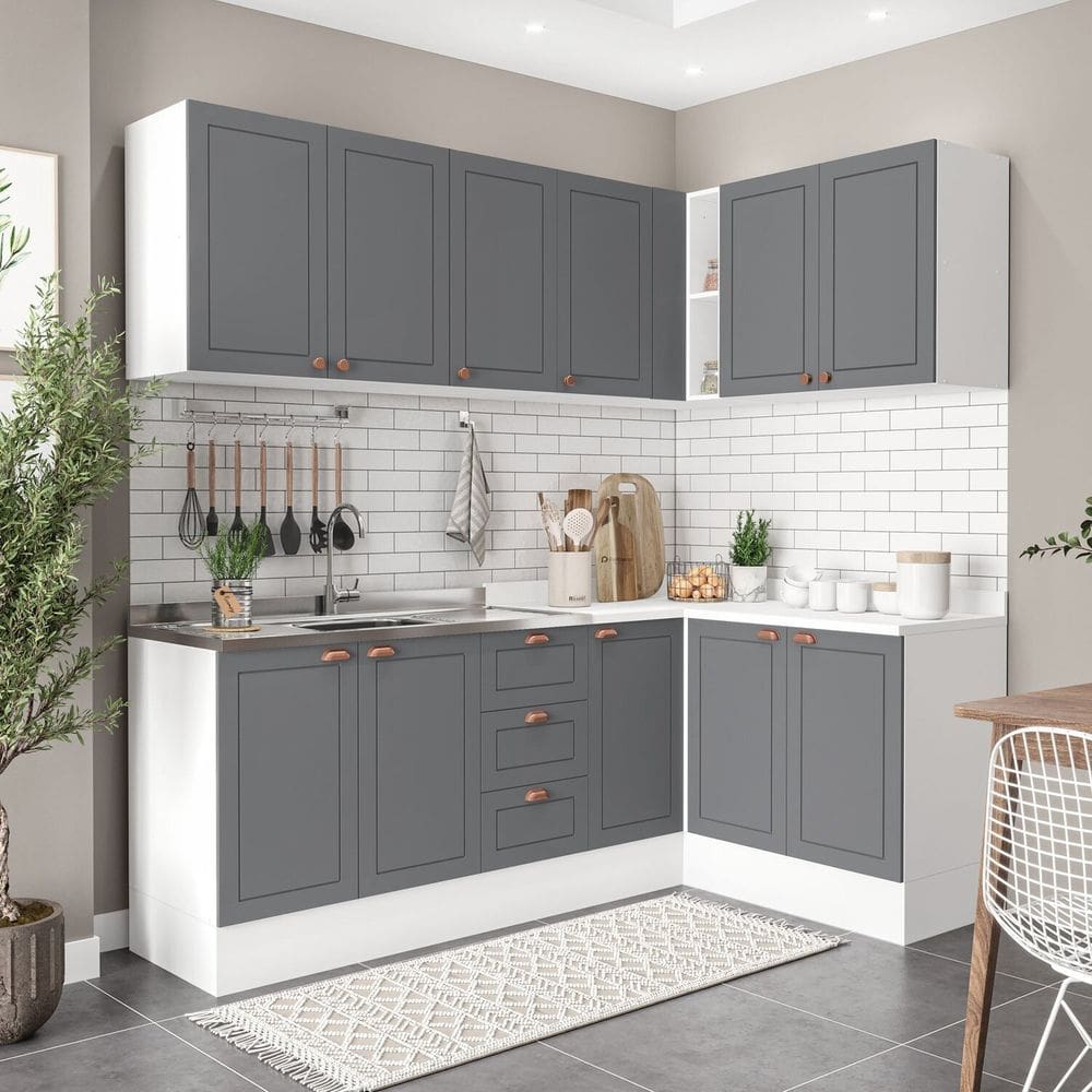 Cozinha 6 Peças com Rodapé Pérola Yescasa Cinza/Branco