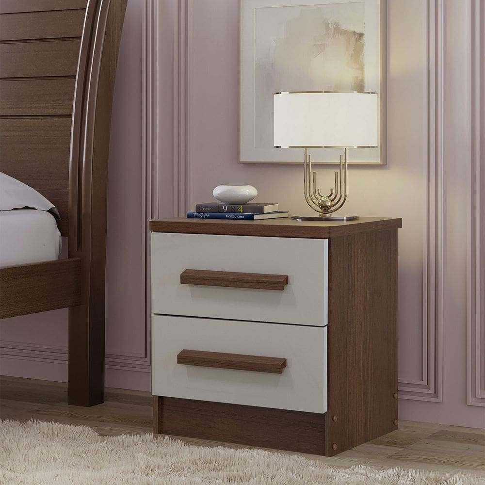 Mesa de Cabeceira 2 Gavetas com Tampo Mdf Zeus Castanho /Off White