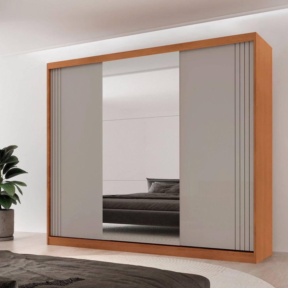 Guarda-roupa Casal 100% Mdf 3 Portas de Correr com Espelho Chile NATURALLE / OFF WHITE