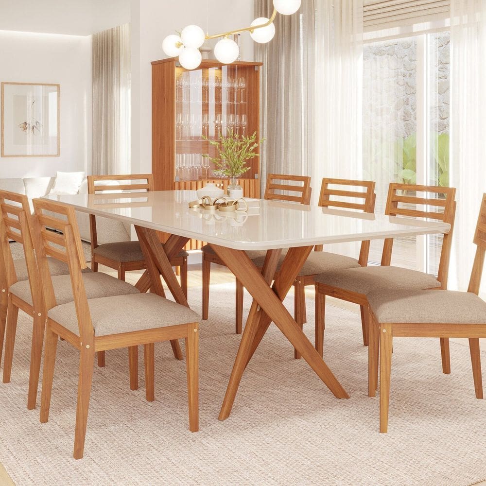 Conjunto Sala de Jantar Cacau 210cm com Vidro e 8 Cadeiras Juparanã Off White/ Bege