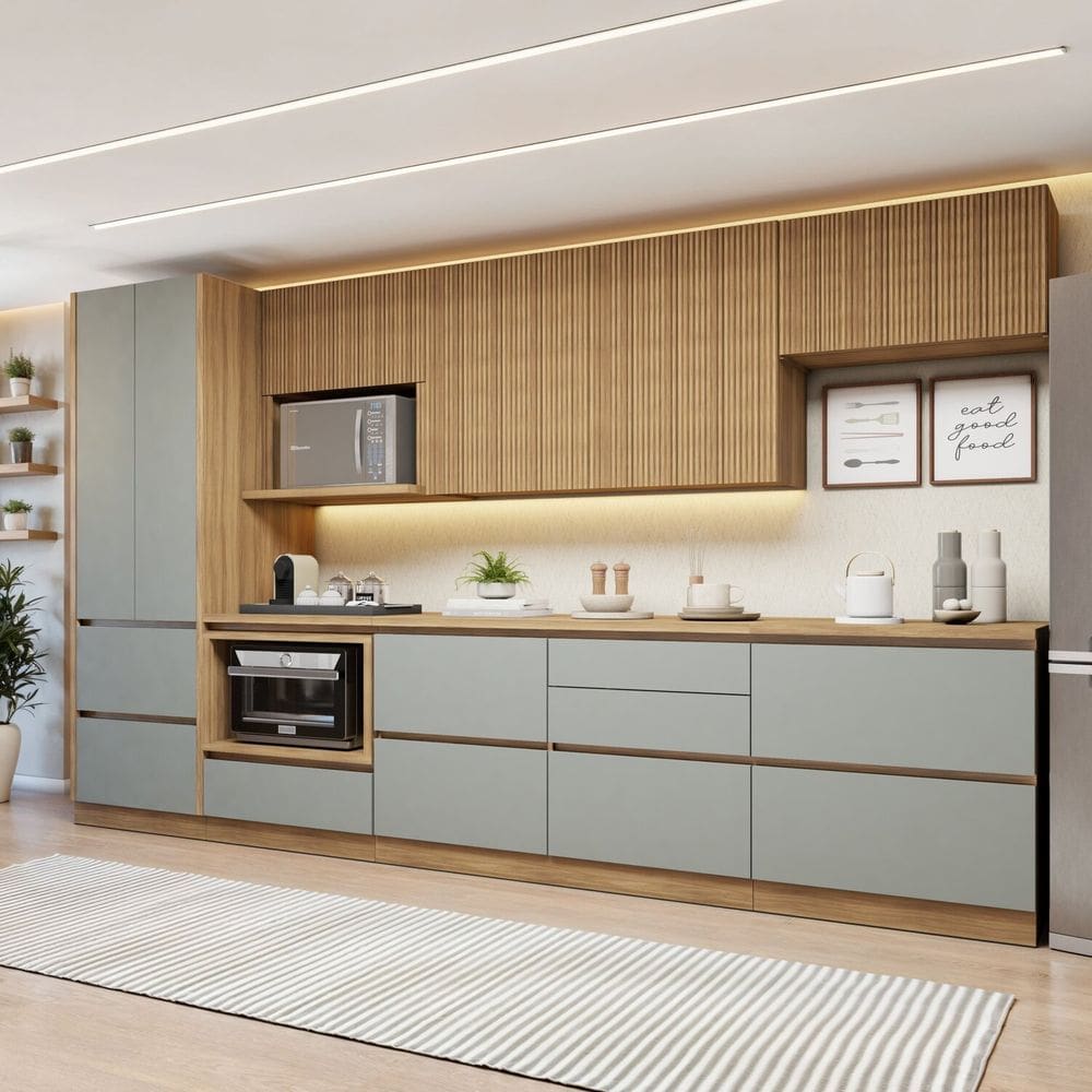 Cozinha Completa Modulada 7 Peças 9 Portas 7 Gavetas com Rodapé Norten Marrom/Verde
