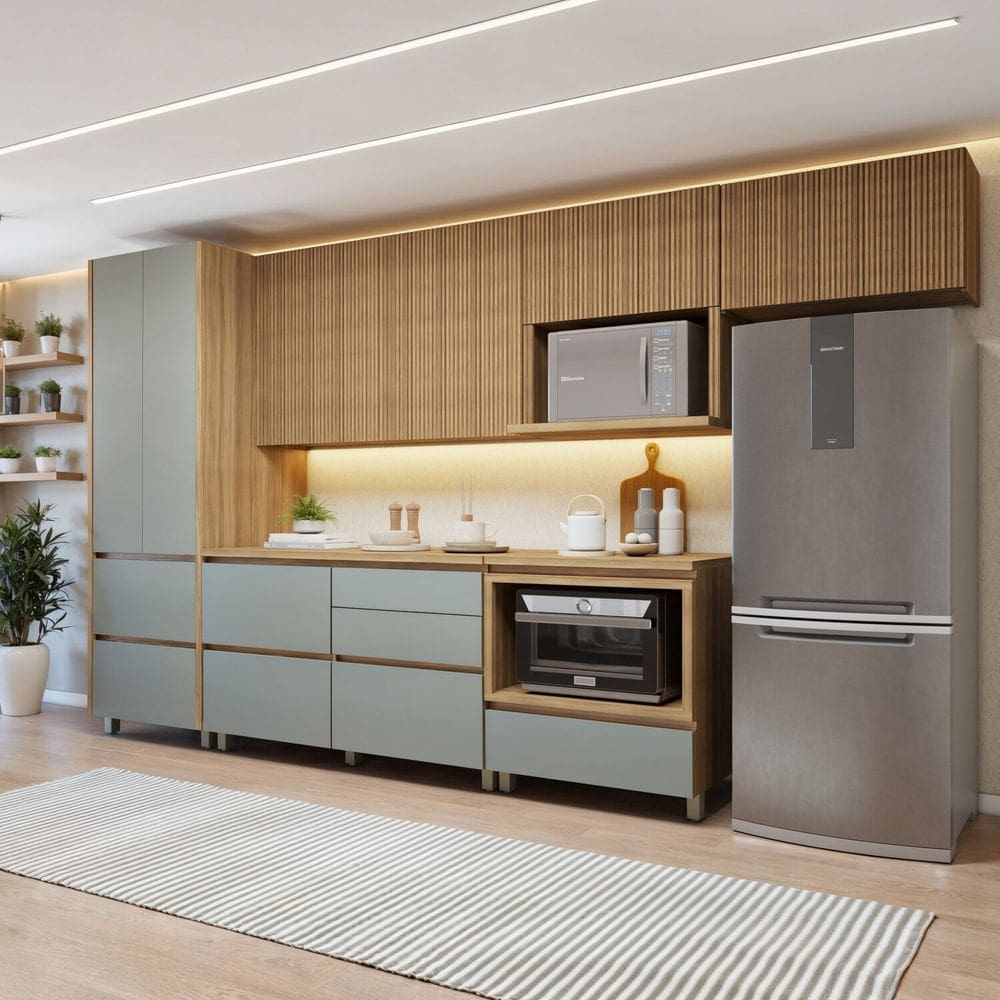 Cozinha Completa Modulada 6 Peças 8 Portas 6 Gavetas Norten Marrom/Verde