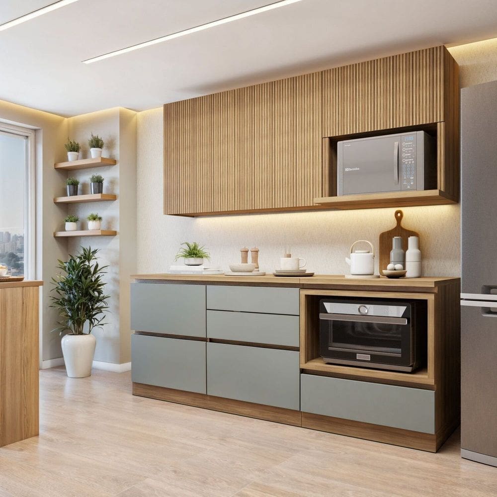 Cozinha Completa Modulada 4 Peças 5 Portas 4 Gavetas com Rodapé Norten Marrom/Verde