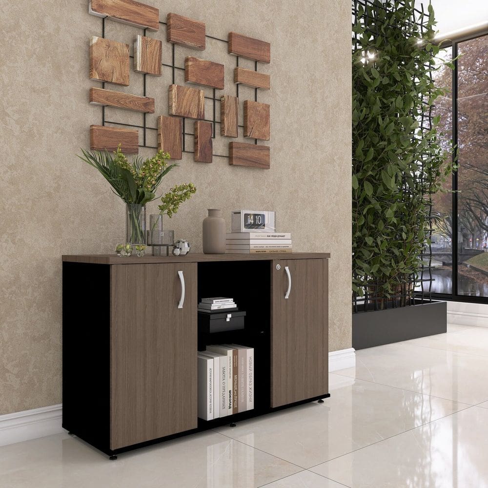 Armário Credenza 2 Portas Pivotante Preto/Walnut