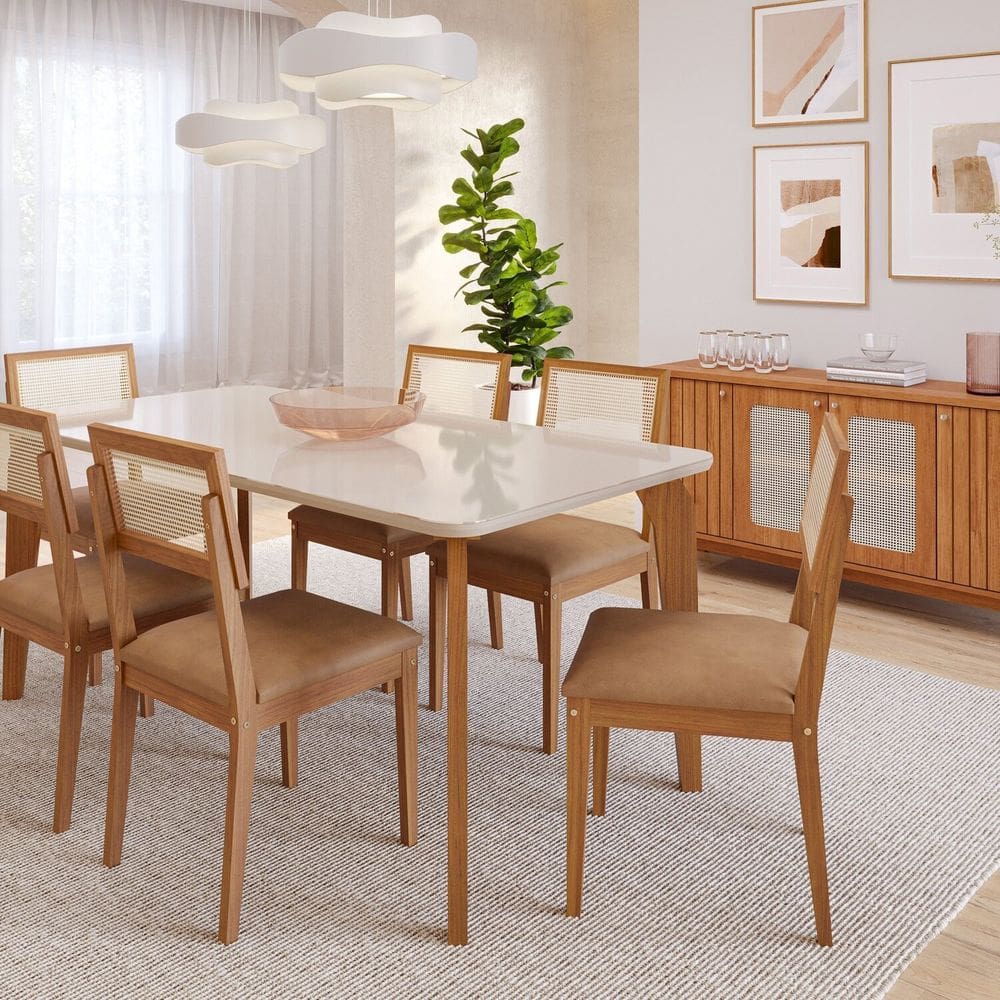 Conjunto Sala de Jantar Papaia 180cm com Vidro e 6 Cadeiras Palmas Off White/ Kaki