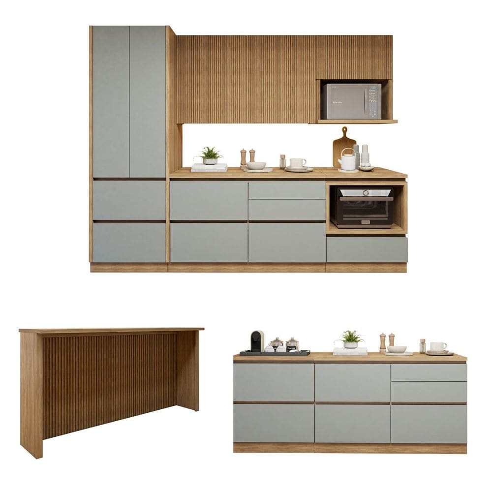 Cozinha Completa Modulada 8 Peças 10 Portas 10 Gavetas com Rodapé Norten Marrom/Verde