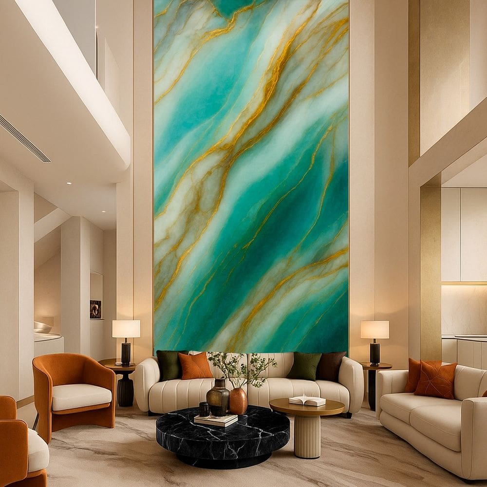 Kit 2 Placa Adesiva Parede Continuo Mármore Verde e Dourado 260x120cm