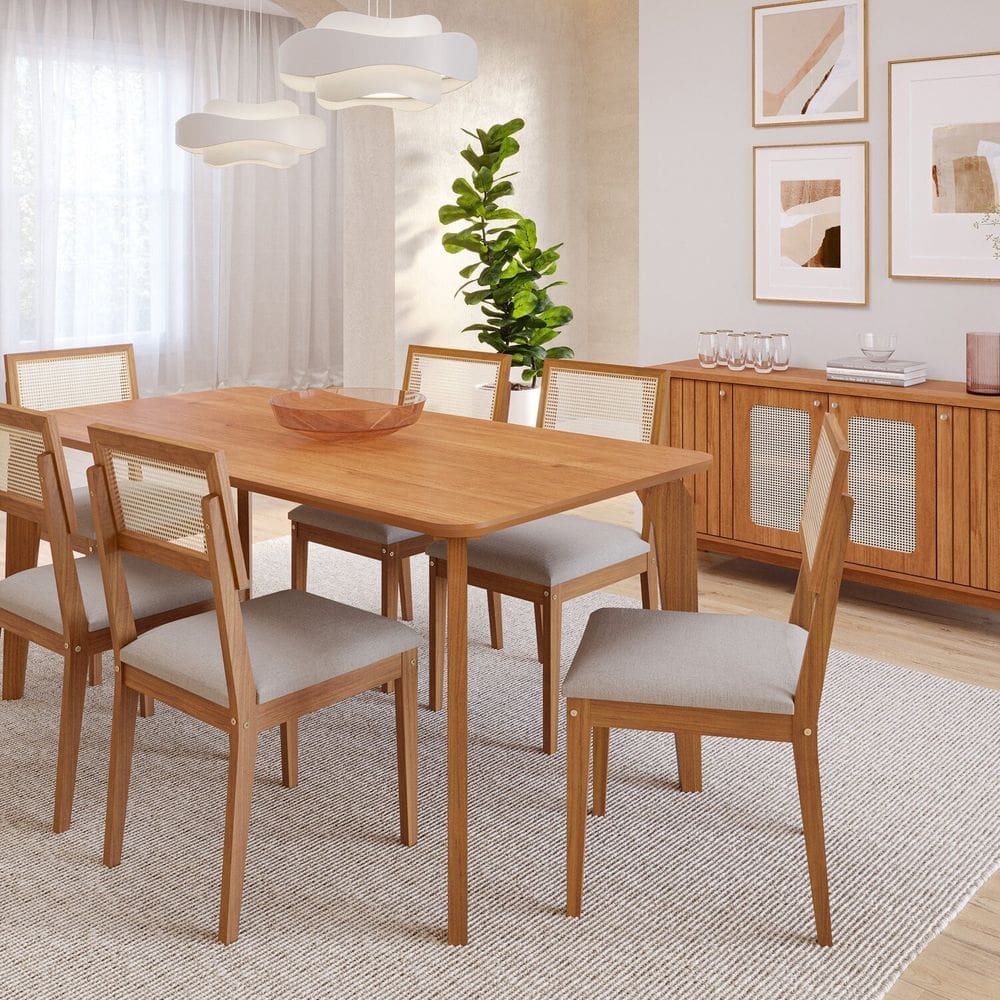 Conjunto Sala de Jantar Papaia 180cm sem Vidro com 6 Cadeiras Palmas Cinamomo/ Cinza