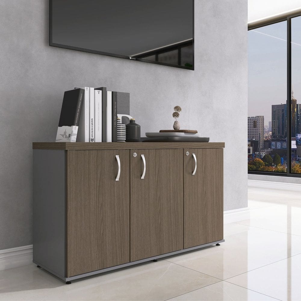 Armário Credenza 3 Portas Pivotante Walnut/Grafito