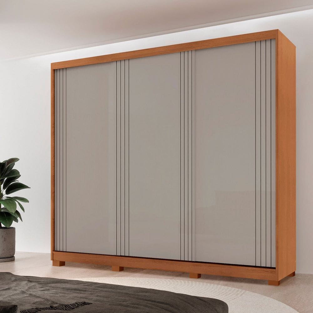 Guarda-roupa Casal 100% Mdf 3 Portas de Correr 4 Gavetas com 6 Prateleiras e com Pés Chile NATURALLE / OFF WHITE