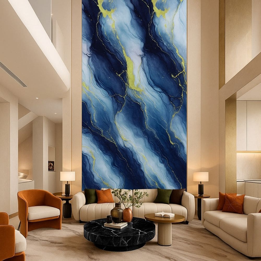 2 Placa Adesiva Mármore Parede 3d Azul e Dourado 260X120cm