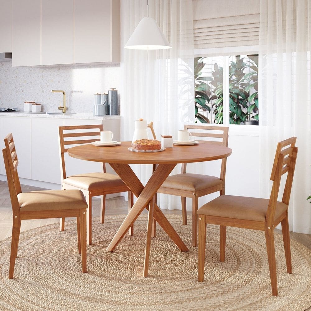 Conjunto Sala de Jantar Cacau Redonda 109cm sem Vidro com 4 Cadeiras Juparanã Cinamomo/ Kaki