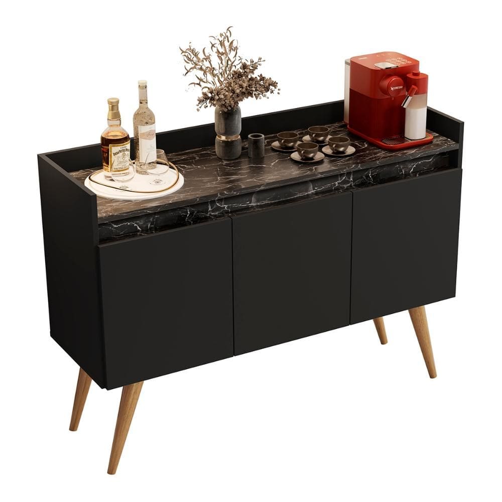 Aparador Buffet Gold Marmorizado 3 Portas Pés Madeira Maciça