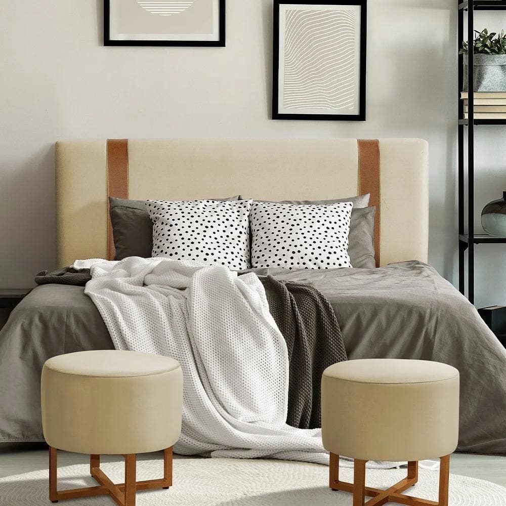 Cabeceira Queen Estofada Zeus 160cm Com Cintos De Couro Veludo Bege